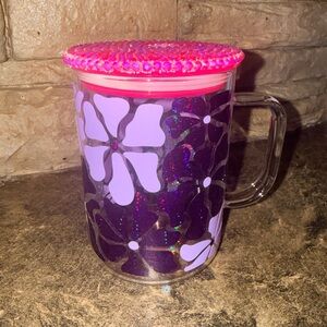 Brand New. Floral Glass Mug with Pink Beaded Lid